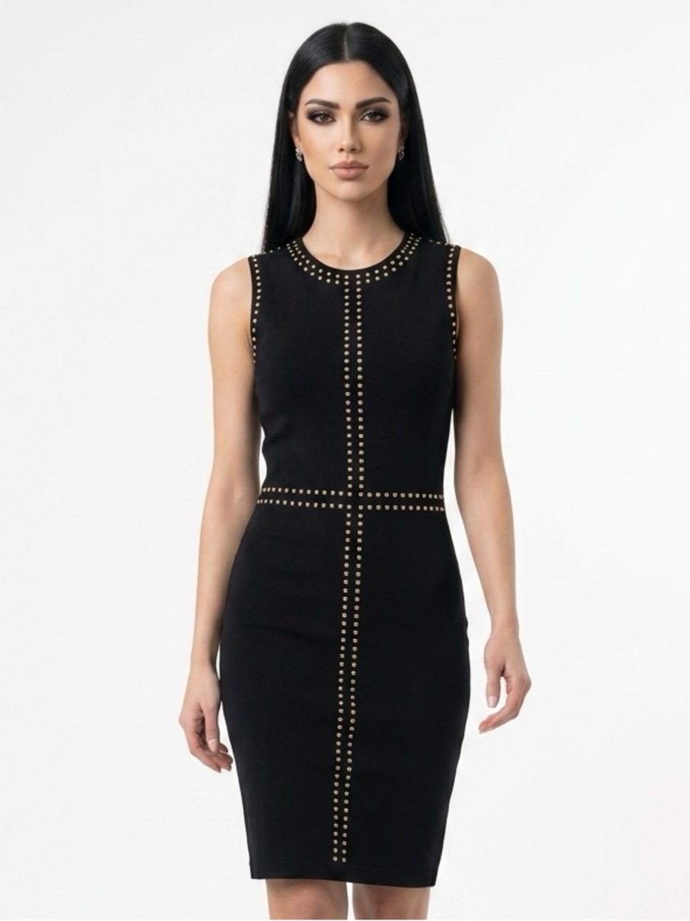 CARMEN MARC VALVO | Navy Blue Sleeveless Sheath Dress Gold Studs Women’s Size 4